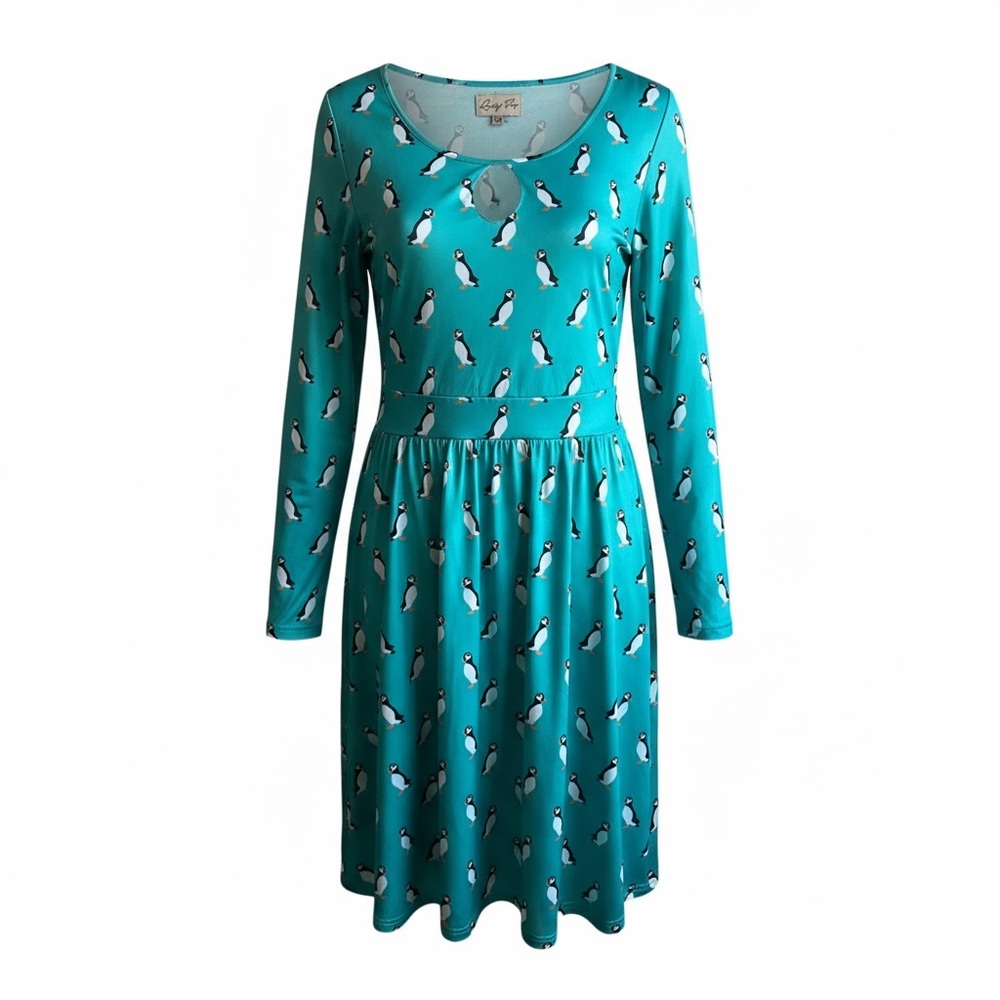 Lindy Bop Helen Turquoise Puffin Print Fit & Flare Dress Women’s 10